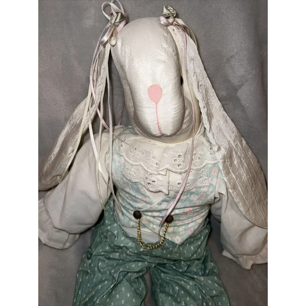 VTG Big Handmade Rabbit Bunny Plush Doll Farmhouse Taffeta Folk Art Doll 24”